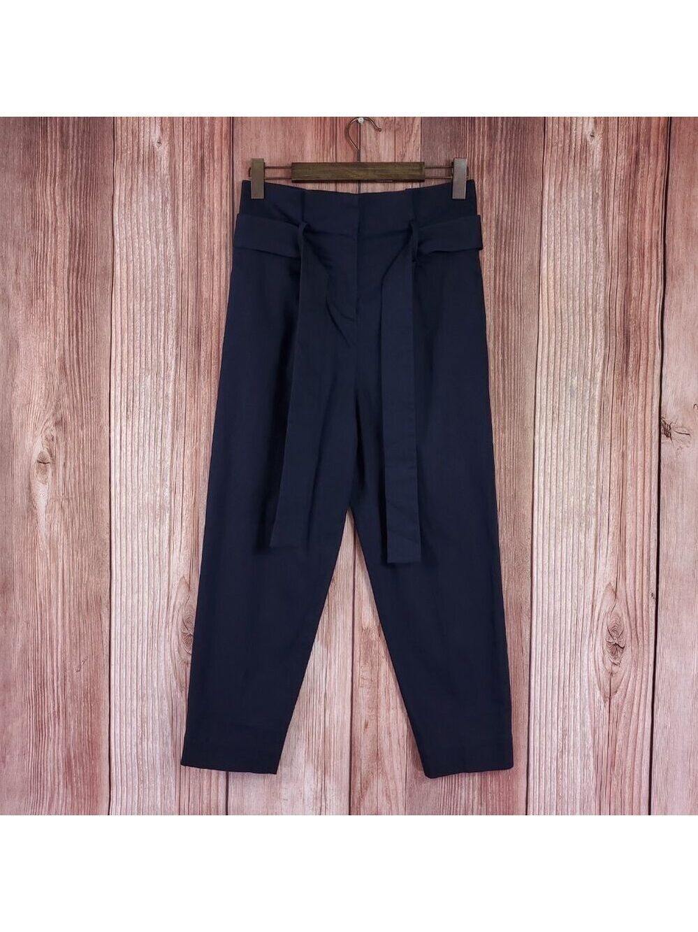 COS Womens Size 4 High Waist Belted Cropped Tapered Pants Navy Blue Minimalist